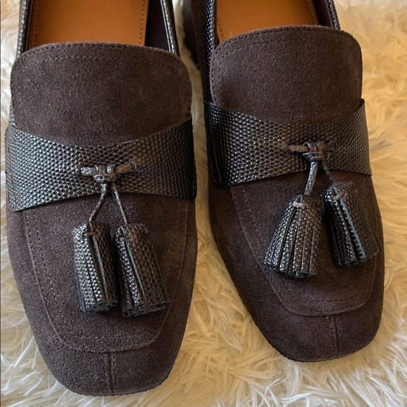 Donald J. Pliner Dark Brown Suede Tassel Loafer with Textured Band - Picture 13 of 14